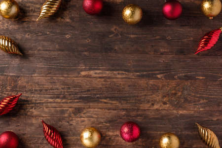 Christmas  bauble ball decoration ornament on brown rustic table background