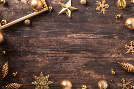 Christmas gold picture frame and bauble,star decoration ornament on brown wood tableの写真素材