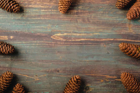 Christmas pine tree fir with pine cone decoration on vintage rustic wood table backgroundの写真素材