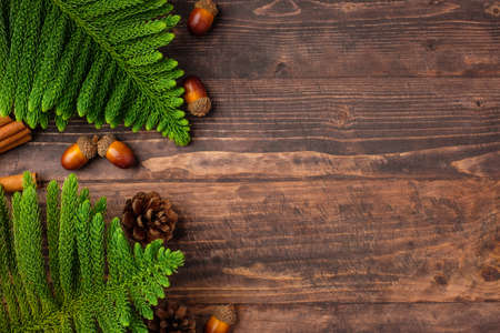 Christmas pine tree and pine cone on woooden table backgroundの写真素材