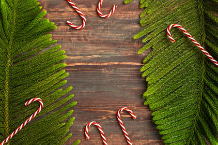 Christmas pine branch and red candy cane on wooden table backgroundの写真素材
