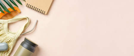 reusable stuff on pastel peach table.zero waste eco friendly conceptの写真素材