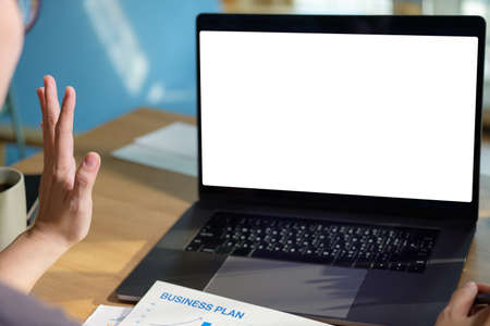 mock up screen video conference busienss meeting online with laptop at homeの写真素材