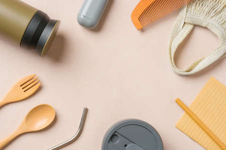 reusable stuff on pastel peach table.zero waste eco friendly conceptの写真素材