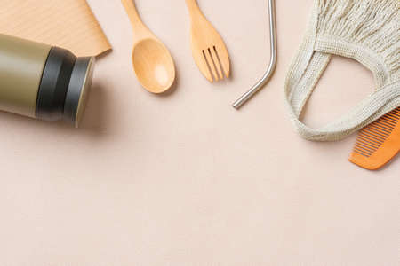 reusable stuff on pastel peach table.zero waste eco friendly conceptの写真素材