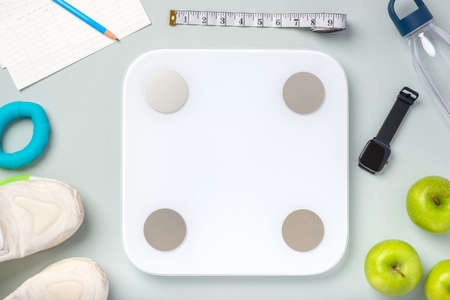 top view exercise stuff on green purple table for healty lifestyleの写真素材