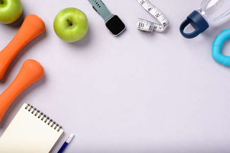 top view exercise stuff on patel purple table for healty lifestyleの写真素材