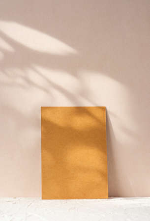 blank kraft paper poster with pampass grass in wood vase on cement table at peach wallの写真素材