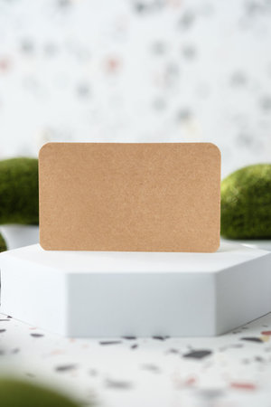 kraft paper on white geometric pedestal on terrazzo background with summer sunlight and moss rockの写真素材