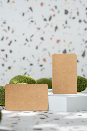 kraft paper on white geometric pedestal on terrazzo background with summer sunlight and moss rockの写真素材