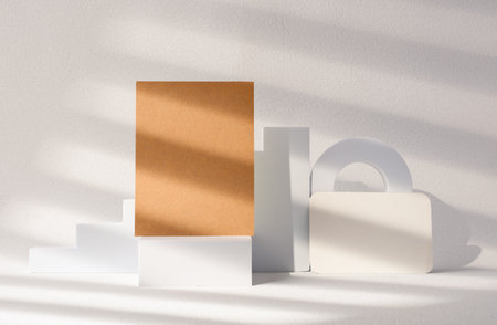 mockup blank Kraft business card on white block with sunlightの写真素材