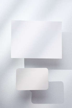 blank poster card with product display stand with sunlight in white studioの写真素材