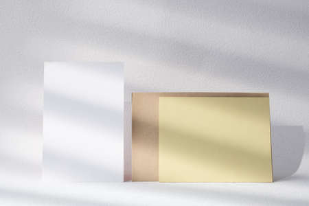 blank poster card with product display stand with sunlight in white studioの写真素材