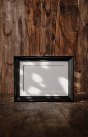 blank black photo frame on wood table and wall witn sunlight from windowの写真素材