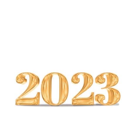 2023 happy new year golden number (3d rendering) on white studio room,Holiday card,Leave space for adding text.の写真素材