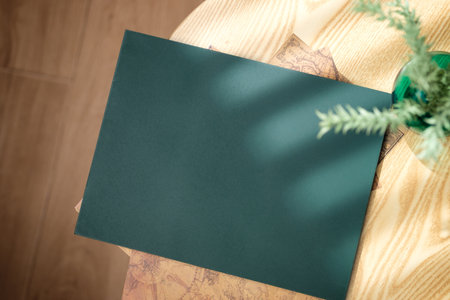 mockup green blackboard on side table with sunlight at homeの写真素材