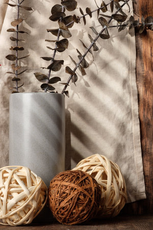 kitchenware stuff on wood counter at wood wall backgroundの写真素材