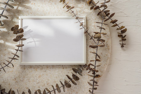 top view blank white photo frame mockup with eucalyptus brancch at peach wallの写真素材