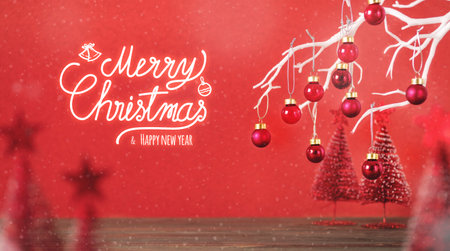 Merry christmas and happy new year with xmas tree and bauble ball at vivid red wall at wooden table.copy space for adding designの写真素材