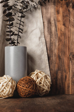 kitchenware stuff on wood counter at wood wall backgroundの写真素材