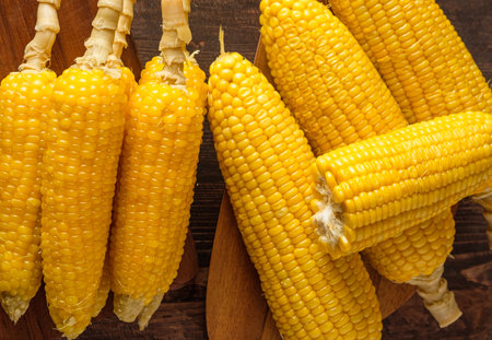 top view  group of corn cob on wood table