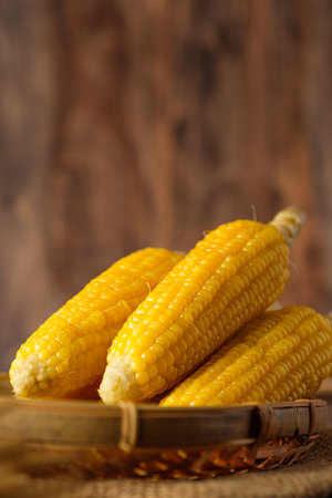 Group of corn cob in tray on wood tabele and wallの写真素材