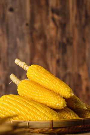 Group of corn cob in tray on wood tabele and wallの写真素材