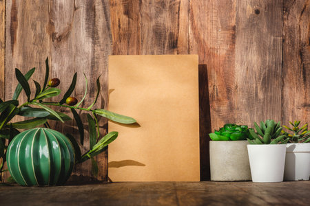 Blank Kraft card paper with botanical plant with sunlight at wood table and wallの写真素材