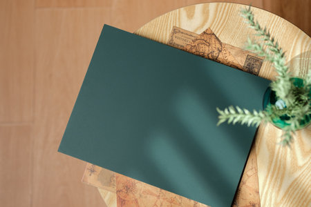 mockup green blackboard on side table with sunlight at homeの写真素材