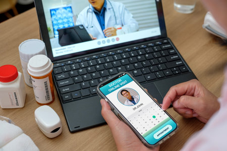 asian woman appointment consulting doctor visit on mobile app at home.telemedicineの写真素材