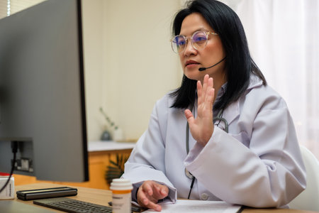 asian woman doctor visit patient video call online diagnose symptom at clinicの写真素材