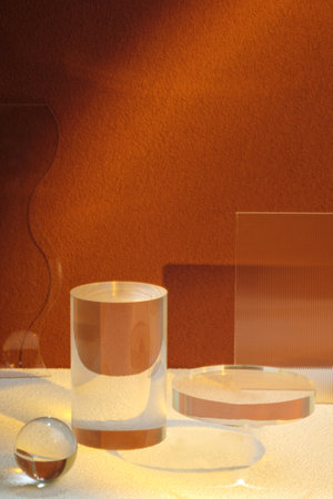 Transparency glass pedestal product display modern background light and shadow refection backdropの写真素材