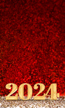 happy new year 2024 3d rendering gold color on red glitter backgroundの写真素材
