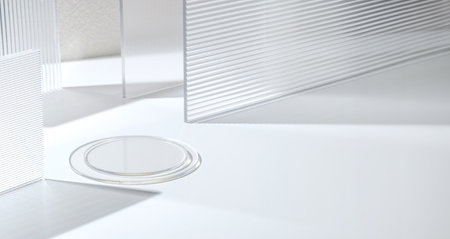 Transparency pedestal product display high key white background of modern Transparency strip glass with sunshine lightの写真素材