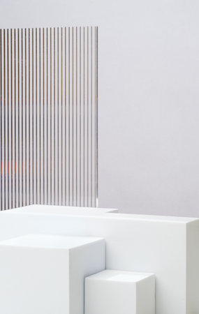 White block pedestal product display grey background with modern Transparency strip glass with sunshine lightの写真素材
