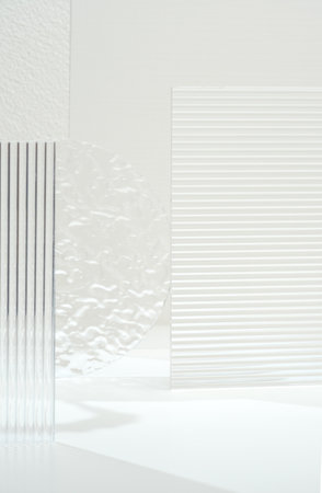 Transparency pedestal product display high key white background of modern Transparency strip glass with sunshine lightの写真素材
