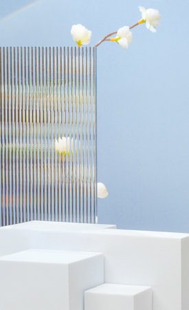 White block pedestal product display blue background with modern Transparency strip glass  and flower with sunshine lightの写真素材