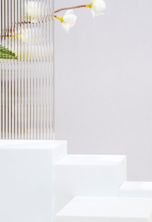 White block pedestal product display grey background with modern Transparency strip glass  and flower with sunshine lightの写真素材