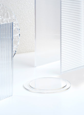Transparency pedestal product display high key white background of modern Transparency strip glass with sunshine lightの写真素材