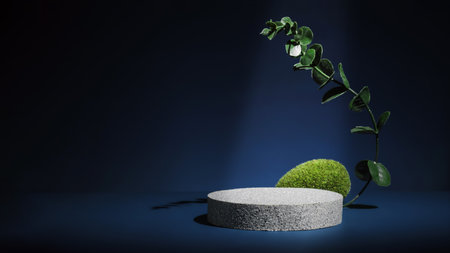 Stone pedestal stage product display background with nature moss on navy color.zen like backdropの写真素材