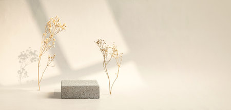 Minimal stone stage product display with sunlight from window and dry flower on cream color backgroundの写真素材