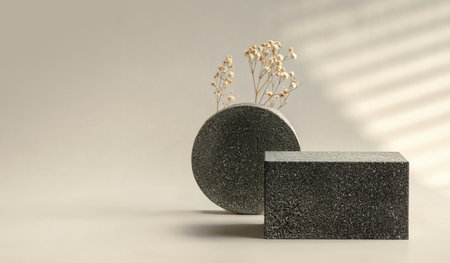 Minimal stone stage product display with sunlight from window and dry flower on cream color backgroundの写真素材