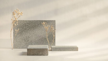 Minimal stone stage product display with sunlight from window and dry flower on cream color backgroundの写真素材
