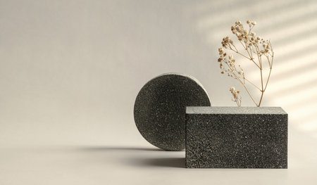 Minimal stone stage product display with sunlight from window and dry flower on cream color backgroundの写真素材