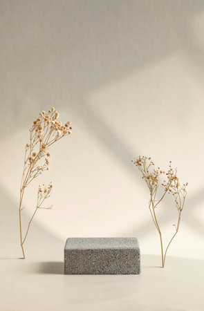 Minimal stone stage product display with sunlight from window and dry flower on cream color backgroundの写真素材