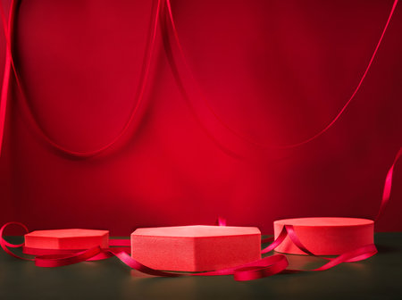 Red pedestal product display and ribbon on red and dark green background with modern geometric block,christmas backgroundの写真素材