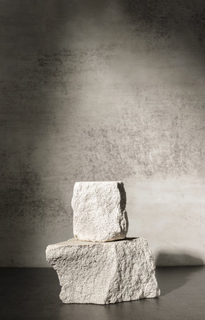 Rough stone with sunlight from window on concrete wall and floor background,Copy space for product displayの写真素材