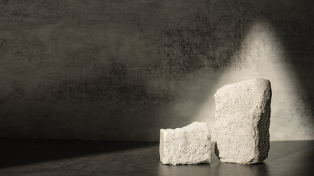 Rough stone with sunlight from window on concrete wall and floor background,Copy space for product displayの写真素材