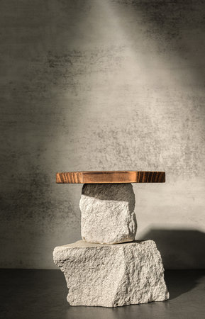 Rough stone and wooden box with sunlight from window on concrete wall and floor background,Copy space for product displayの写真素材