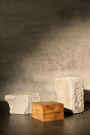 Rough stone and wooden box with sunlight from window on concrete wall and floor background,Copy space for product displayの素材 [FY310209260945]